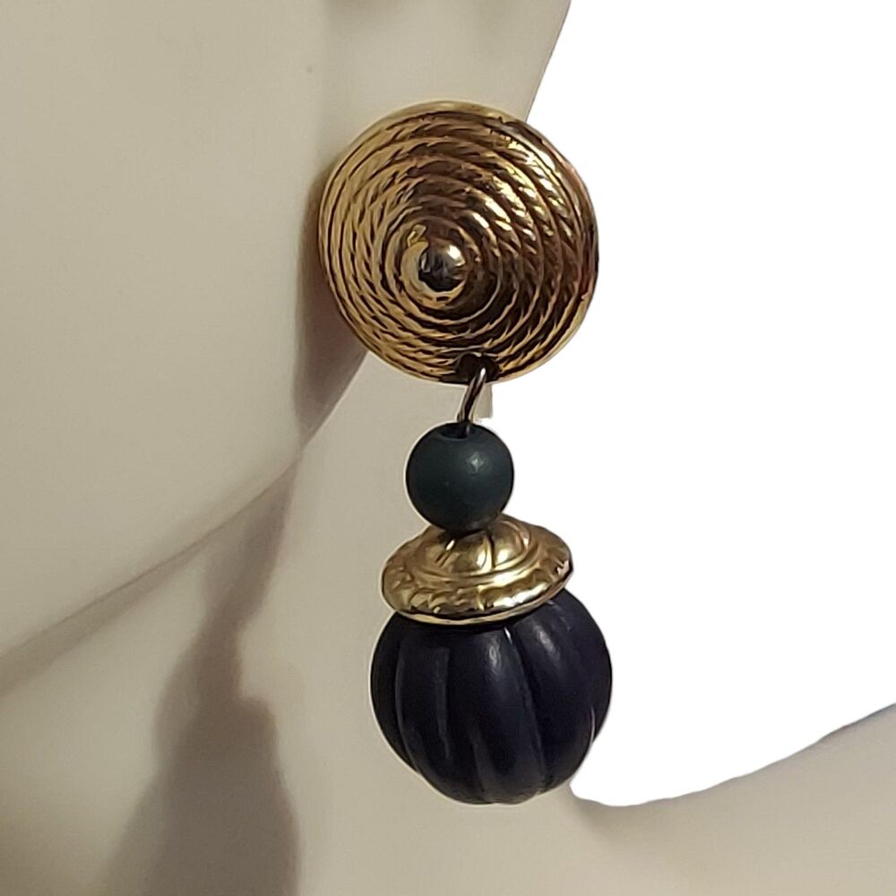 Vtg Dangle Disc Black And Aqua Beads Silvertone Earrings 1 1/4"